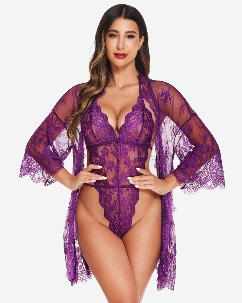2 Piece Set Lace Robe with Teddy