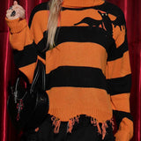 Halloween Cat Stripe Fringe Sweater