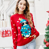 Round Neck Casual Penguin Embroidery Knit Sweater