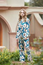 Blue Floral Pattern Long Sleeve Loungewear Set