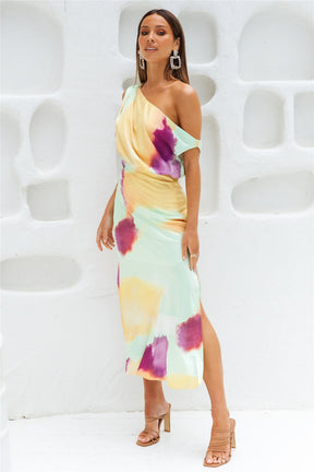 Talk To Me Midi Dress – Asymmetrical Satin Elegance for Special Occasions