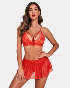 3 Piece Sets Lace Bralette, Skirt with Panty