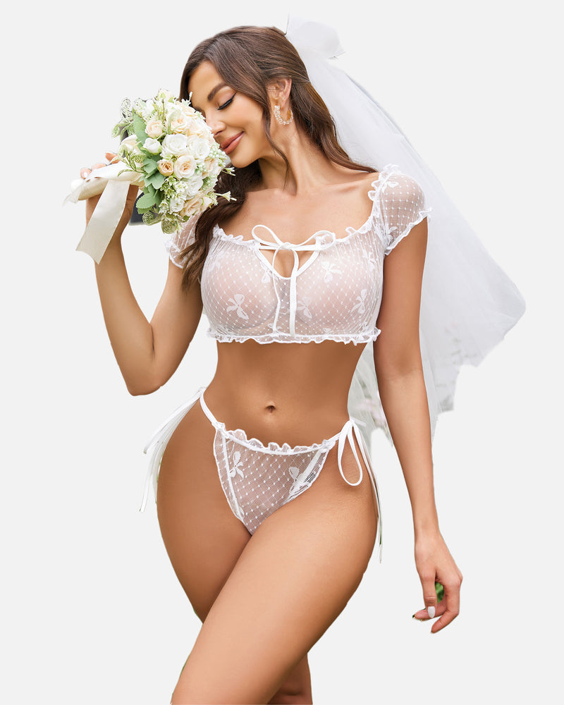 Floral Mesh Ruffle Lingerie Set