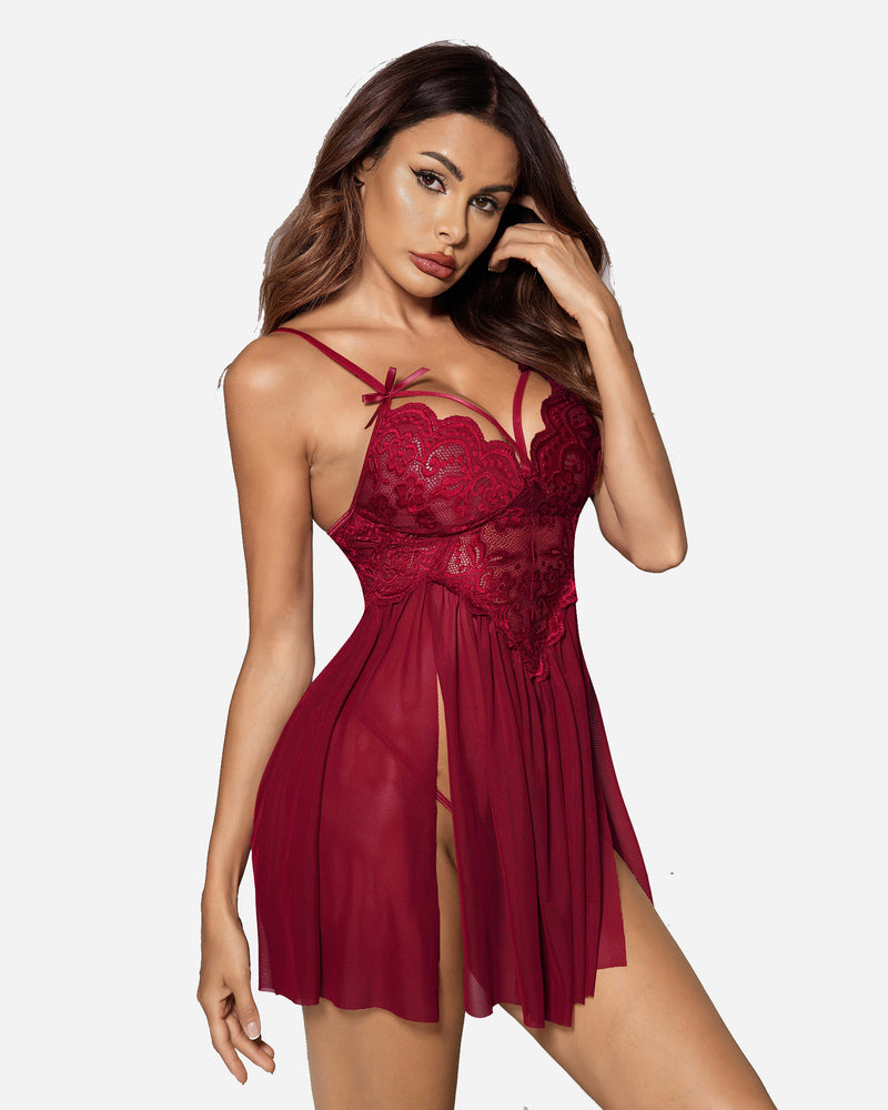 V Neck Strap Mesh Side Slit Nighty