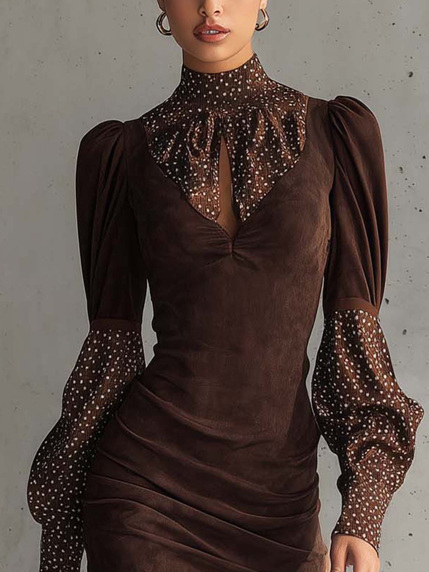 Brown Faux Suede Bodycon Dress With Satin Polka Dots – Dress Code