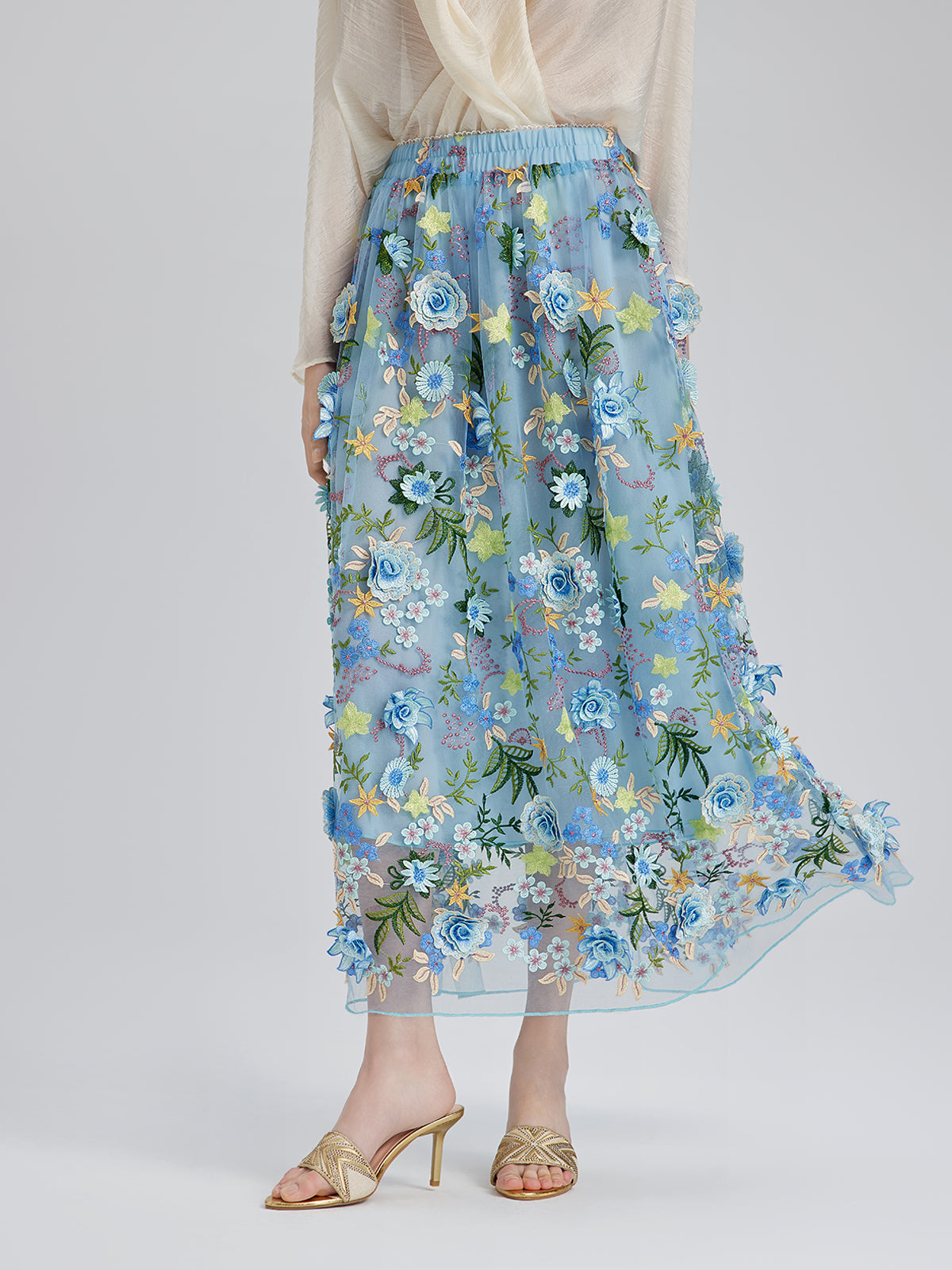 3D Floral Embellished Elastic Skirt