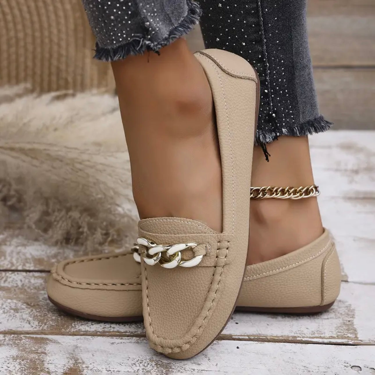 Gold Chain Leather Loafers