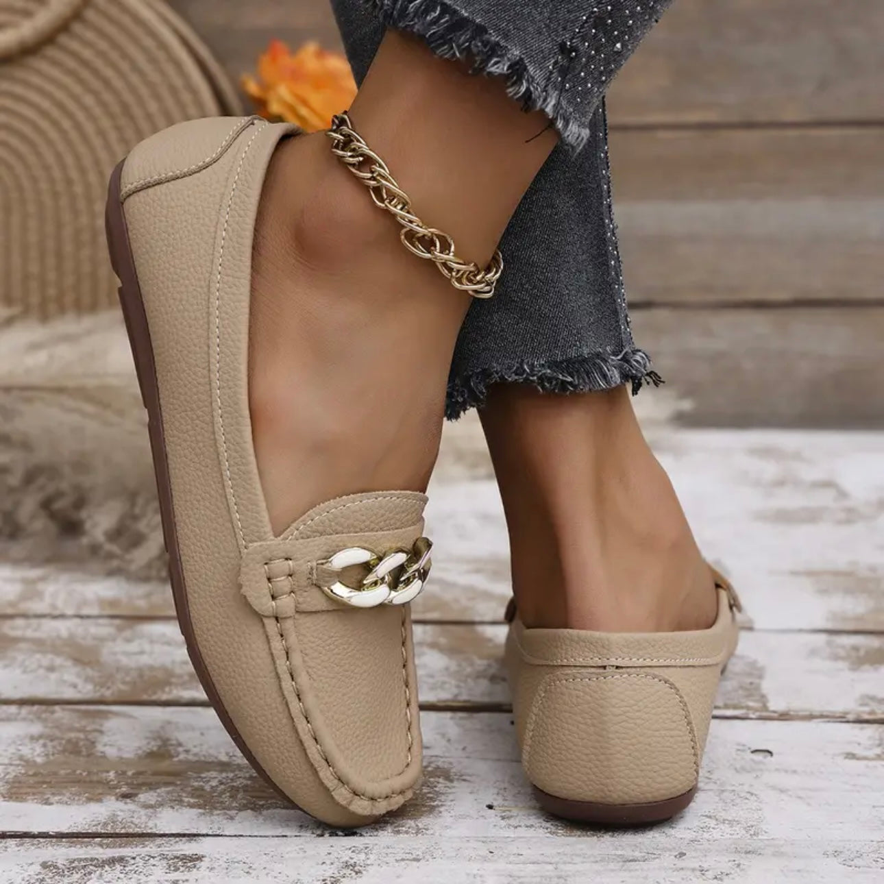 Gold Chain Leather Loafers