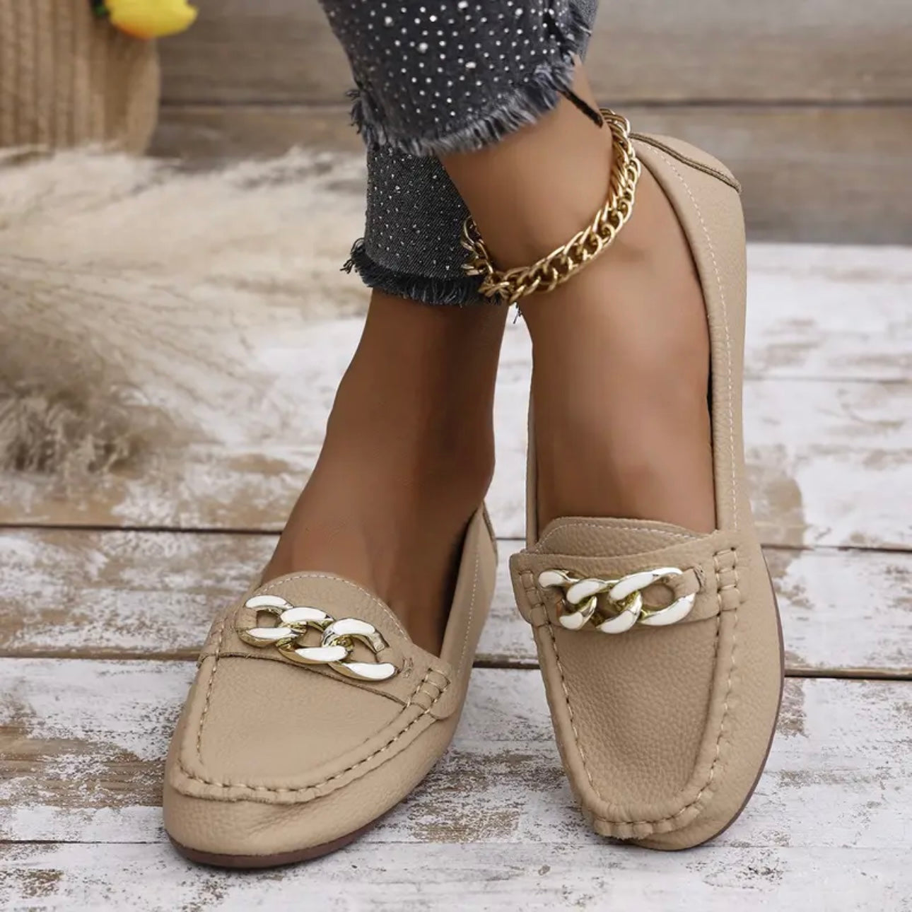 Gold Chain Leather Loafers