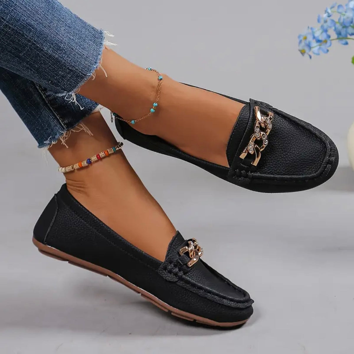 Gold Chain Leather Loafers