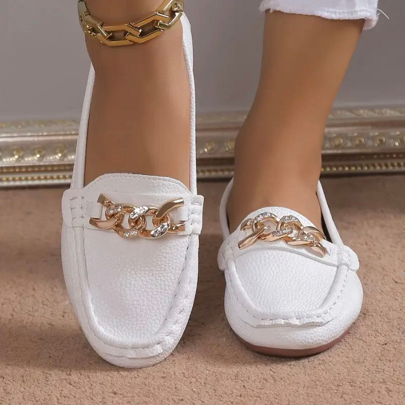 Gold Chain Leather Loafers