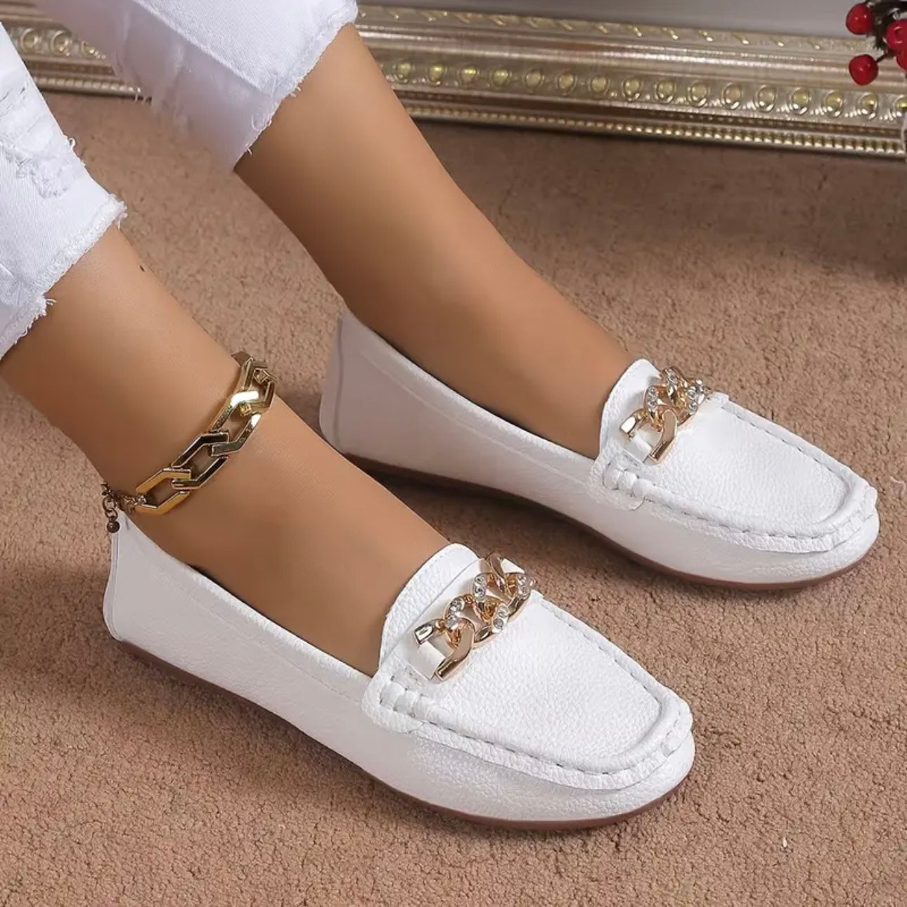 Gold Chain Leather Loafers