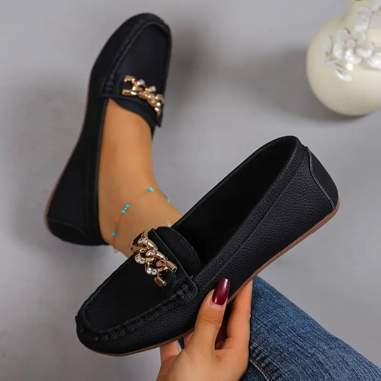 Gold Chain Leather Loafers