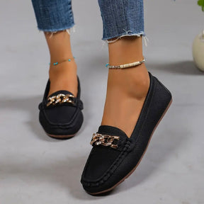 Gold Chain Leather Loafers