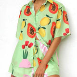 Casual Printed Cardigan Shirt Shorts Set