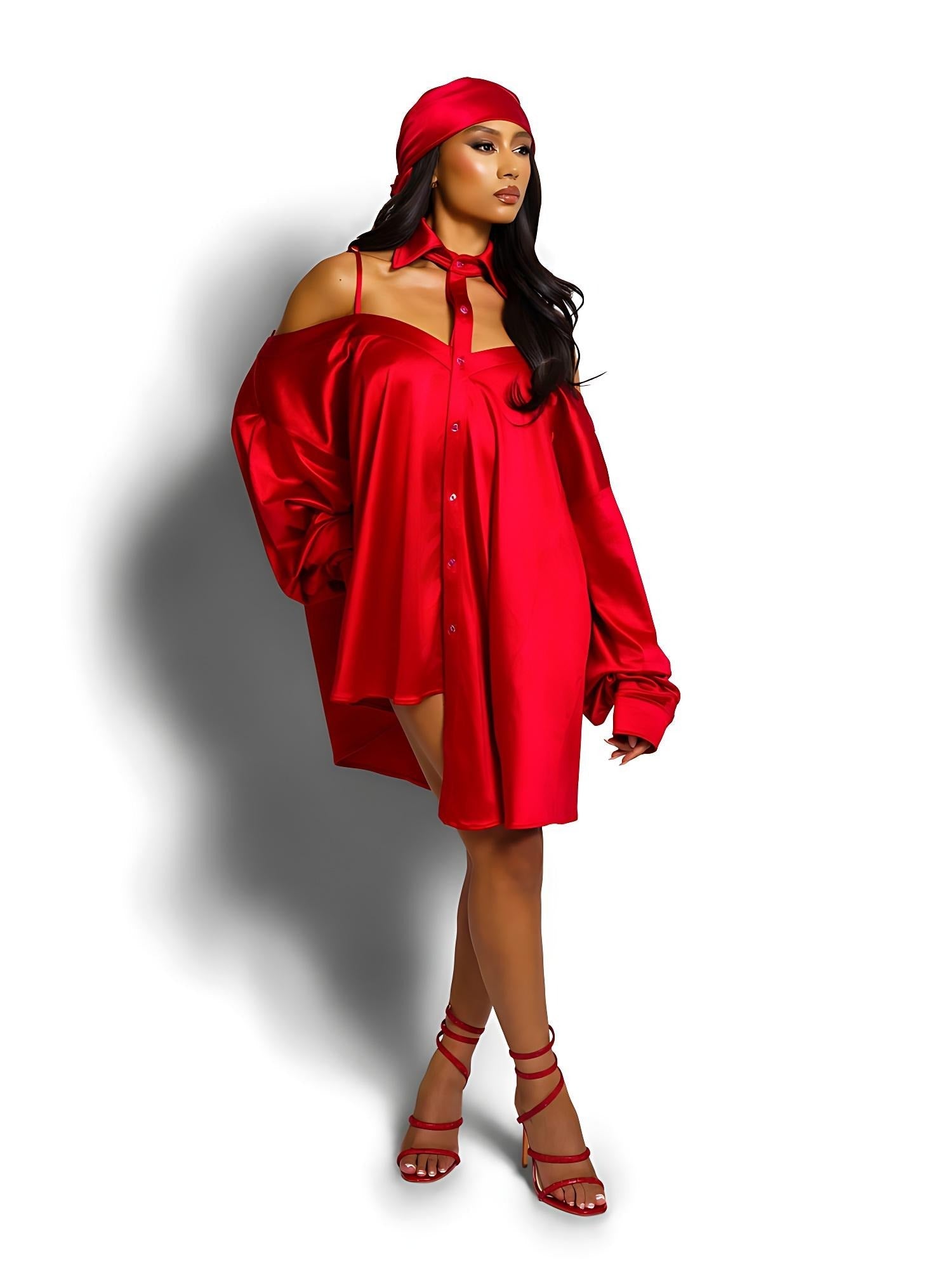 Adjustable Tie Off-Shoulder Satin Shirt Dress