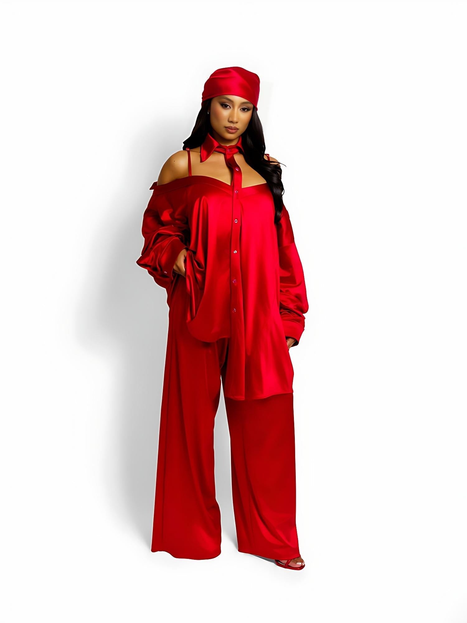 Adjustable Tie Off-Shoulder Satin Shirt Dress