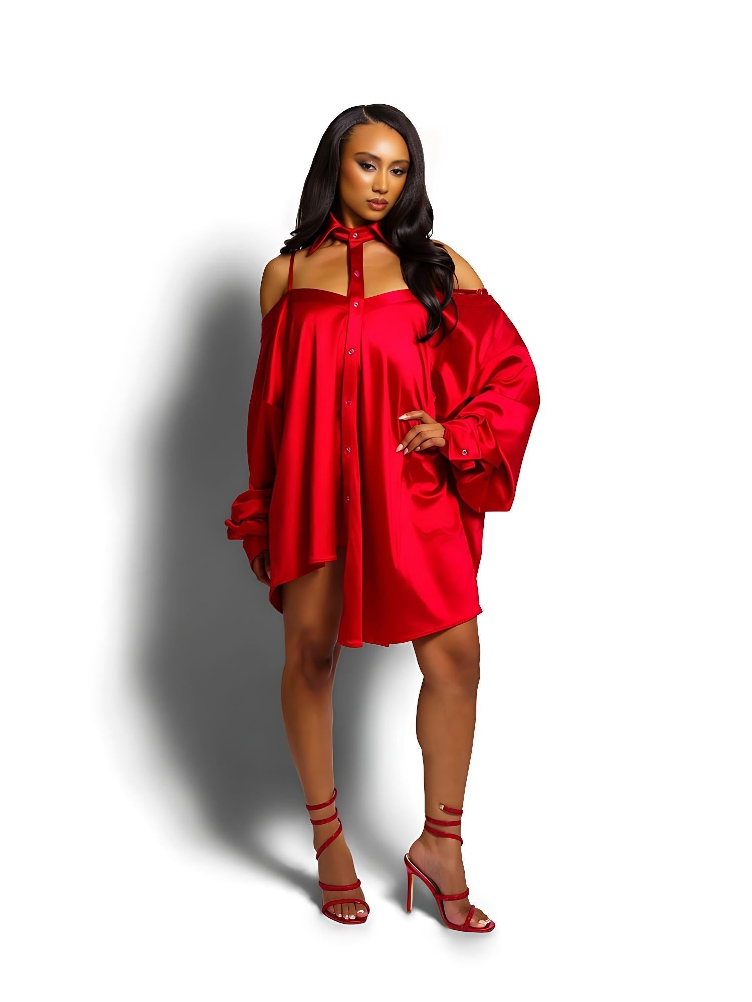Adjustable Tie Off-Shoulder Satin Shirt Dress