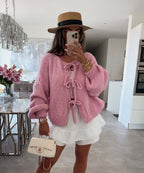 Solid Color Crew Neck Lace-Up Cardigan