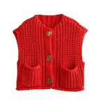 Large Buttons Solid Color Knit Vest Cardigan