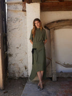 Asymmetric High-Neck Midi Dress