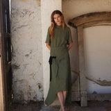 Asymmetric High-Neck Midi Dress