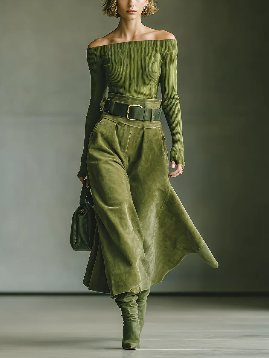 Olive green off-shoulder top and faux suede skirt set（Includes belt）