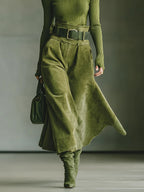 Olive green off-shoulder top and faux suede skirt set（Includes belt）
