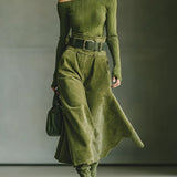 Olive Green Off-Shoulder Top & Faux Suede Skirt Set