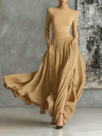 Fashion All Black Skinny Turtleneck T-shirt Pleated Skirt Set
