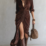 Vintage Button-stitched Pleated Velvet Midi Dress