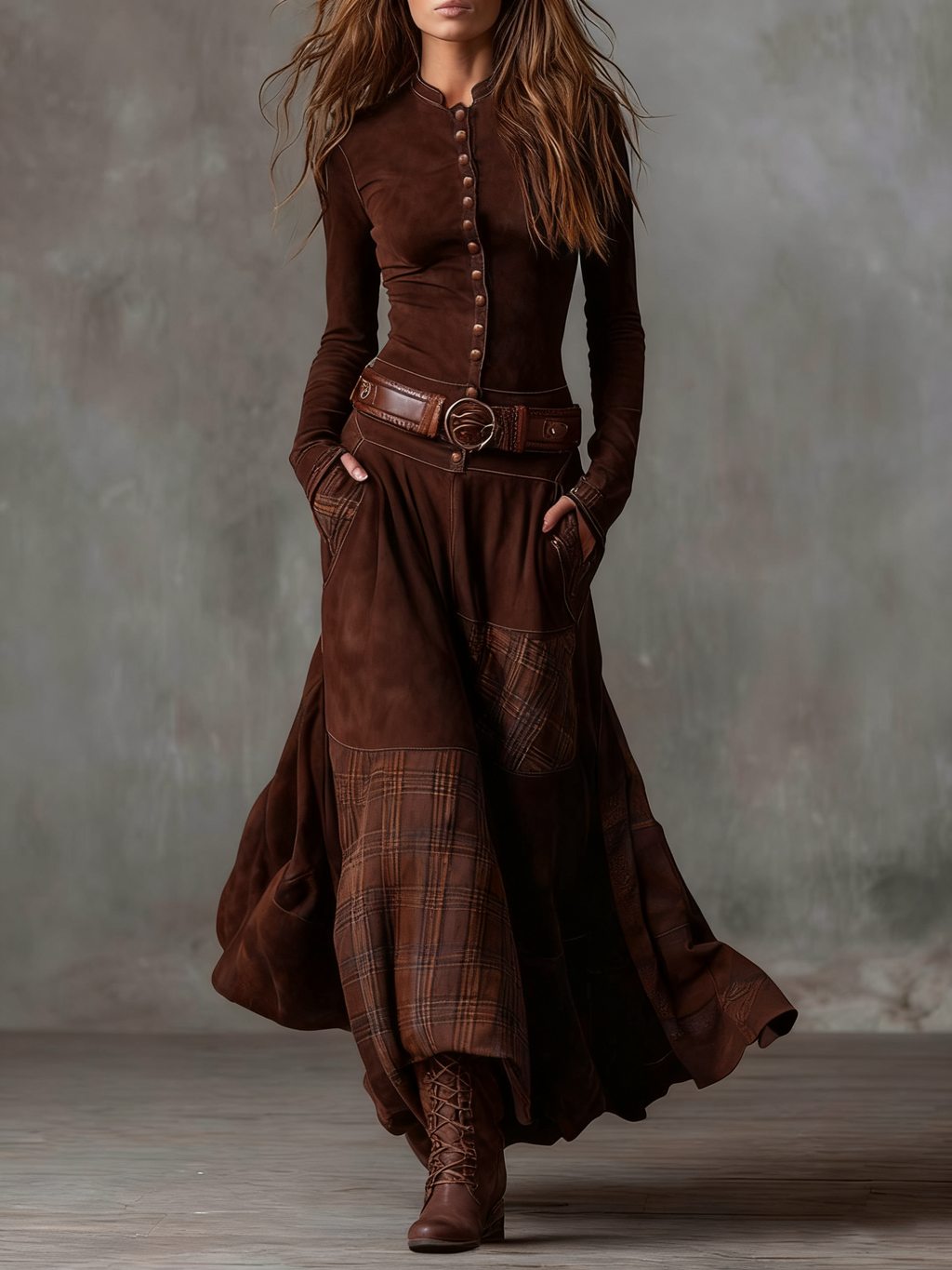 Navy Plaid Paneled Vintage Suede Maxi Dress(with belt)
