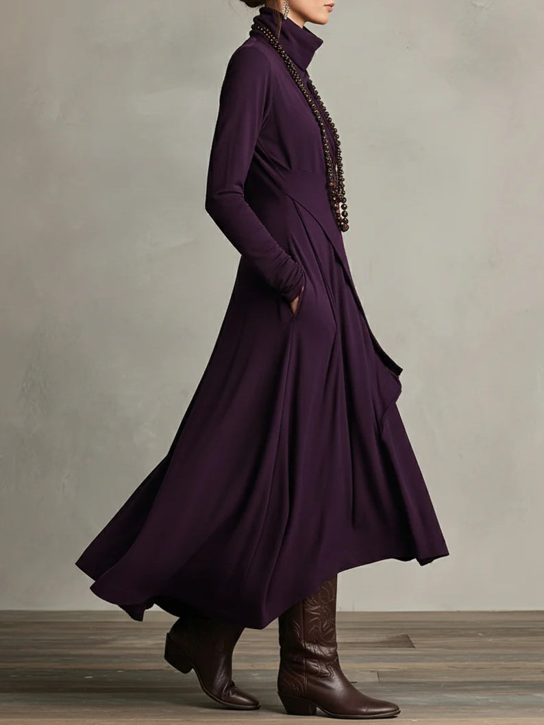 Purple High-neck Asymmetrical Pleated Dress
