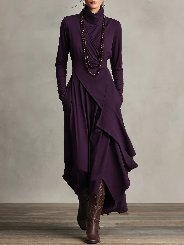 Purple High-neck Asymmetrical Pleated Dress Dress Code Purple High-neck Asymmetrical Pleated Dress Dress Code