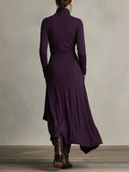 Purple High-neck Asymmetrical Pleated Dress