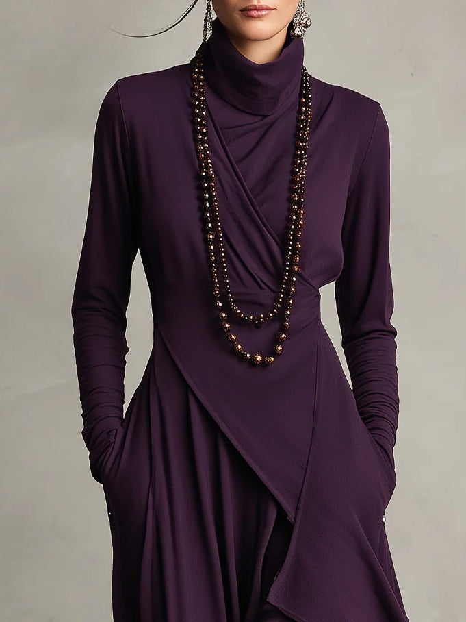 Purple High-neck Asymmetrical Pleated Dress