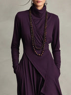 Purple High-neck Asymmetrical Pleated Dress