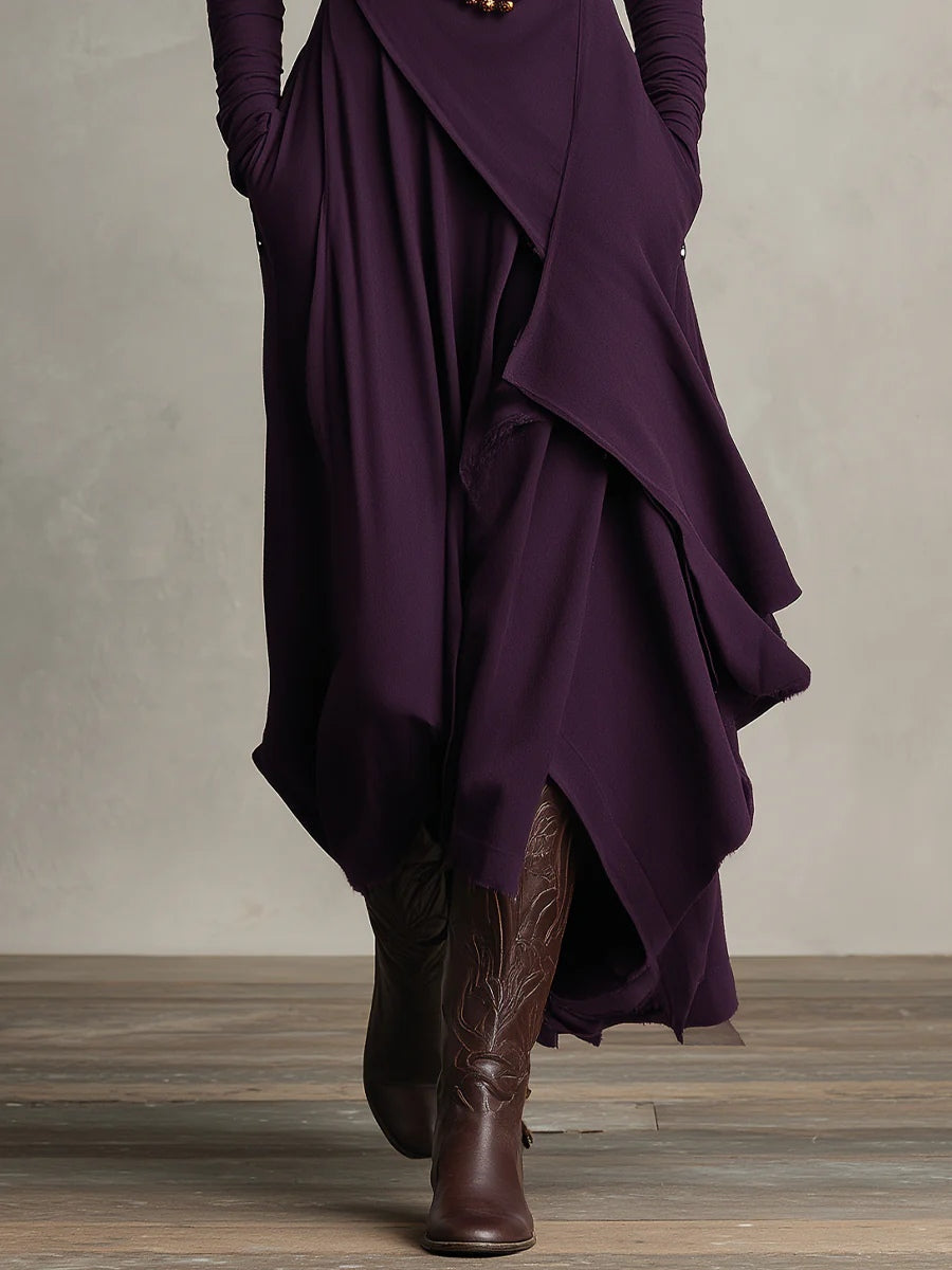 Purple High-neck Asymmetrical Pleated Dress