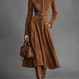 Brown Faux Suede Front Zipper Belted Elegant Maxi Dress