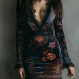Floral Print V-neck Velvet Lace Trim Slim-fit Mini Dress