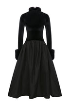 Opulent Velvet Satin Fur-Cuff Midi Dress