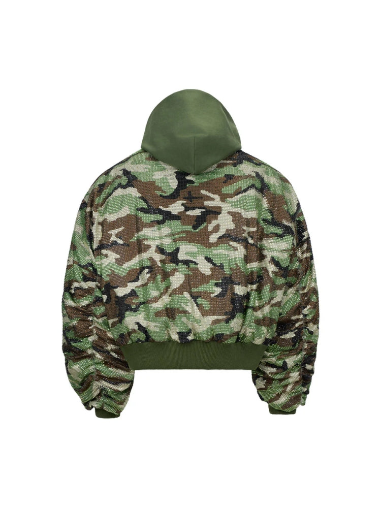 Camo Rhinestone Aviator Puffer Jacket