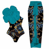 3D Blue Floral Print One-Piece Swimsuit Set