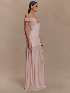 Celestia Evening Gown – Off Shoulder Backless Mesh Dress