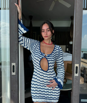 Boho Striped V-neck Mini Dress – Open Knit Beach Cover Up