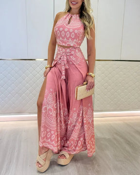 Savanna Set – Tribal Print Halter Top & Slit Pants Two-Piece Look