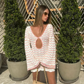 Boho Striped V-neck Mini Dress – Open Knit Beach Cover Up