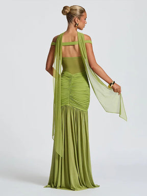 Bella Mesh Ruched Maxi Dress – Off Shoulder High Slit Gown