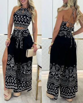 Savanna Set – Tribal Print Halter Top & Slit Pants Two-Piece Look