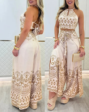Savanna Set – Tribal Print Halter Top & Slit Pants Two-Piece Look